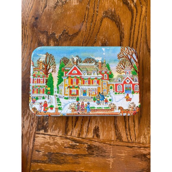 Vintage Christmas Tin Winter Snowy Houses Scene Colorful Christmas - Picture 6 of 6